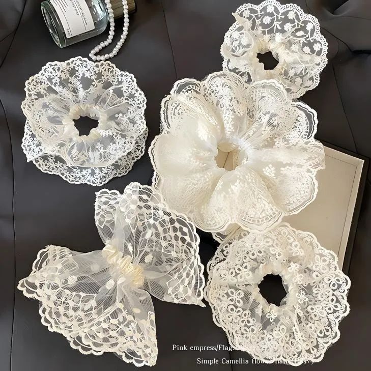 Oversized Soft White French Lace Scrunchie for Women – Korean Style Hair Tie, Ethereal Ruffle Lace Hair Accessory, Premium Elastic Headwrap with Delicate Floral Trim